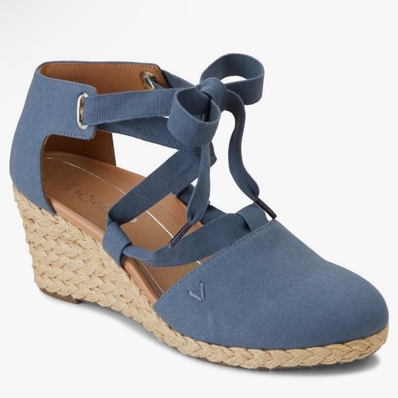 Vionic Women's Aruba Kaitlyn blue Lace-up Wedge Espadrille comfort shoes size 9 - Picture 1 of 13